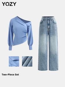 YOZY Women's Plain Asymmetrical Neck Blouse & Straight Leg Jeans Set, Ladies Two-piece Outfits for All Seasons