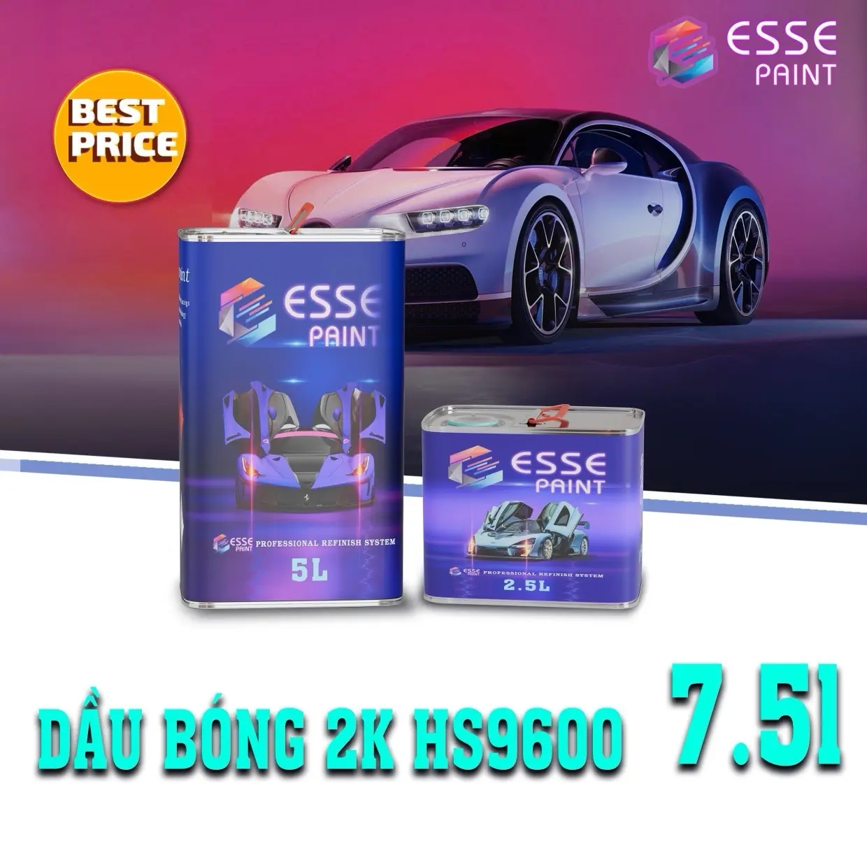 Cặp 7,5 Lít Dầu bóng 2K ESSE HS9600 Bóng + Cứng ,  độ bóng cao tỉ lệ 2:1 cho ô tô , xe máy, nội , ngoại thất