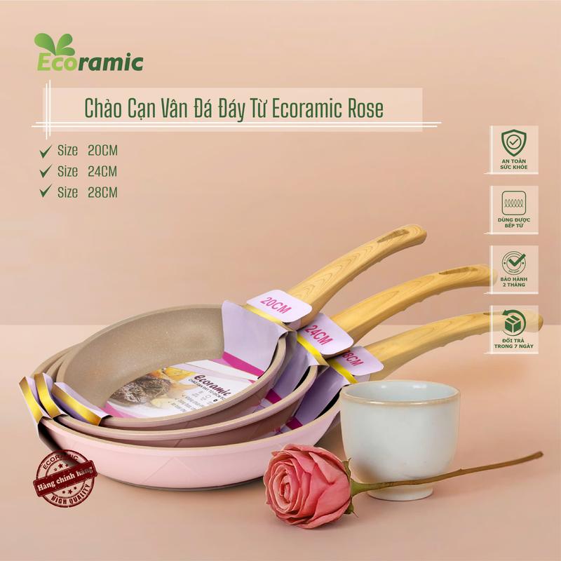 Ecoramic Rose - Chảo Cạn Vân Đá Đáy Từ - Size 20 24 28 | 5 Lớp Chống Dính Ceramic Đỉnh Cao