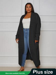 【Plus Size】 Solid Textured Drop Shoulder Long Cardigan, Casual Long Sleeve Open Front Knitwear for Fall & Winter, Women's Plus Clothing for Daily Wear