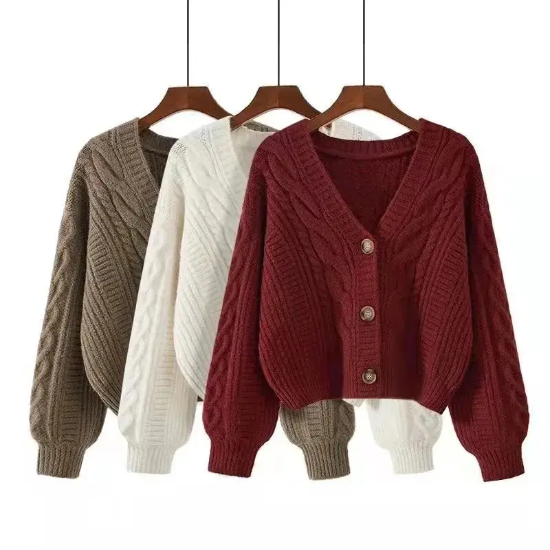 Twists Knitted Thick Casual V-Neck Long Sleeve Women's Cardigan Single Breasted Sweater Short Cardigan For Women Clothing 2024 Knitwear Womenswear