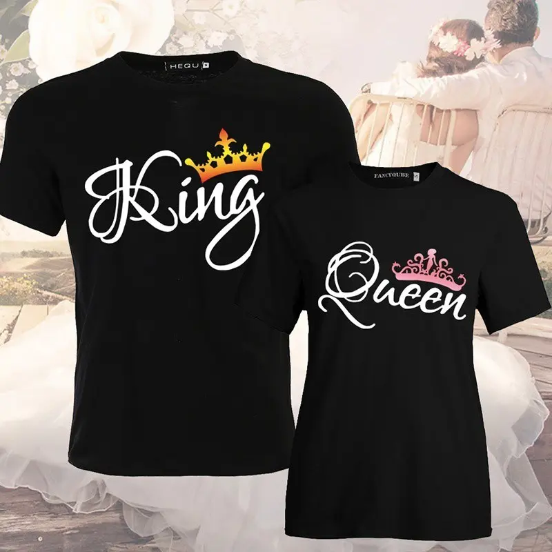 Couple shirt, tops, King and Queen printed with fabric letters Cotton Womenswear Check Comfort Clothing Piece Suits Tshirt Lingerie