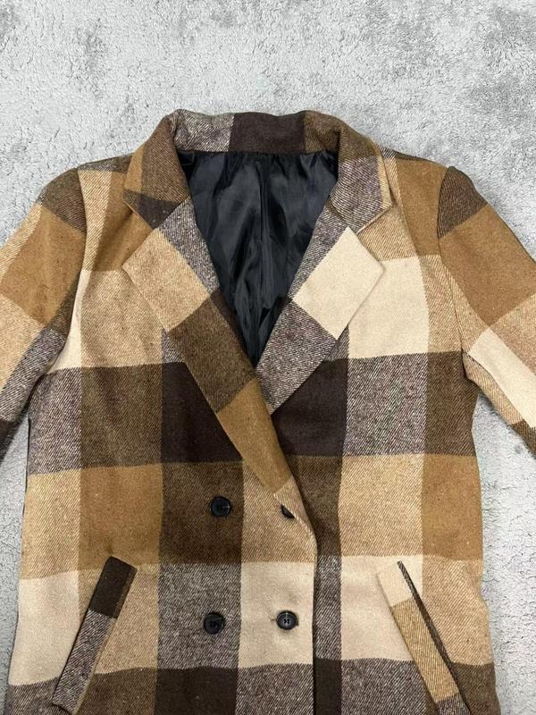 Women's Plaid Print Double Button Lapel Neckline Coat, Elegant Long Sleeve Pocket Design Outerwear for Fall & Winter, Women's Clothing for Daily Wear 2
