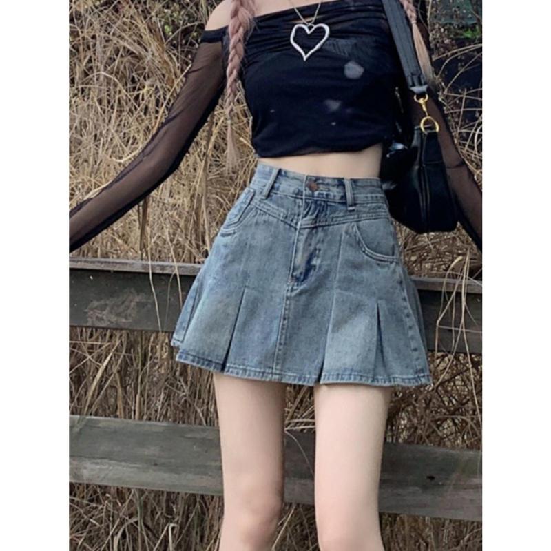 Chân Váy Denim, Phong Cách Cổ Điển Mỹ, Dành Cho Nữ, Mùa Xuân / Mùa Hè Năm 2025 Hàng Mới Về, Chân Váy Xếp Ly Cạp Cao Thiết Kế Cô Gái Nóng Bỏng, Chân Váy Chữ A 1