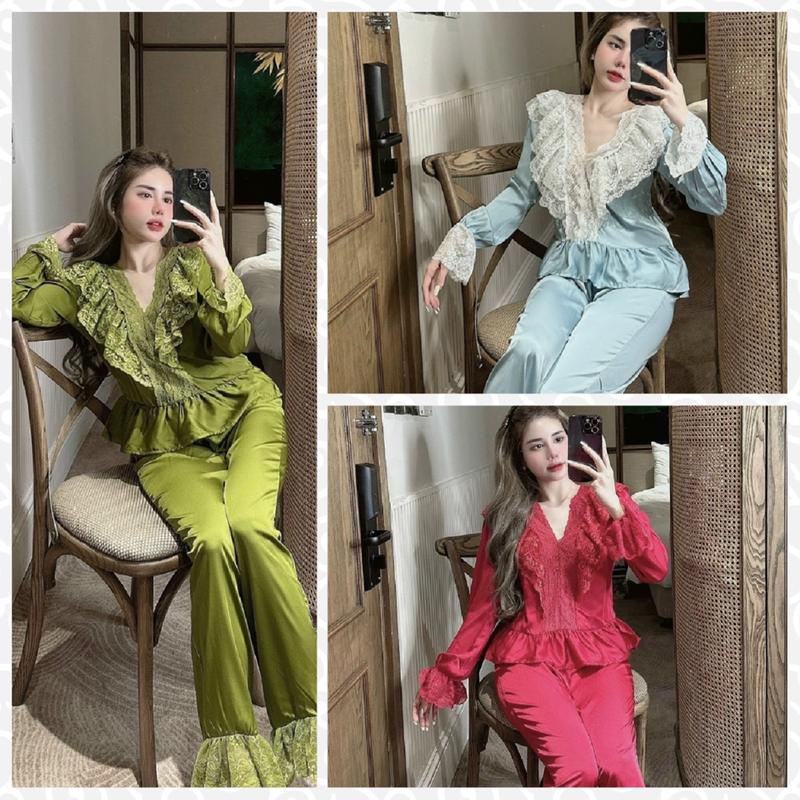 Đồ bộ áo dài tay cổ ren tầng nhúng bèo chất liệu lụa sang trọng- Hàng thiết kế Nhung Nữ Women Tua Rua Nhung Tăm Top Đỏ