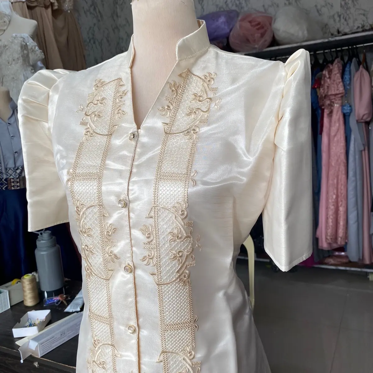 knee length dresses for ladies Burgundy Hand Painted Barong Dress  CMC Boutique LV