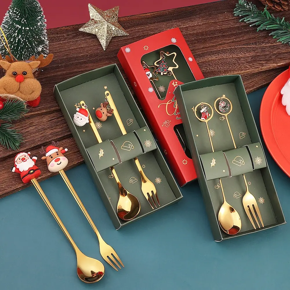 Bộ Thìa Giáng Sinh, Bộ Đồ Ăn Quà Tặng Nhỏ Và Dễ Thương, Bộ Hai Mảnh, Có Búp Bê Ông Già Noel, Thích Hợp Làm Quà Tặng, Bao Gồm Thìa Tráng Miệng