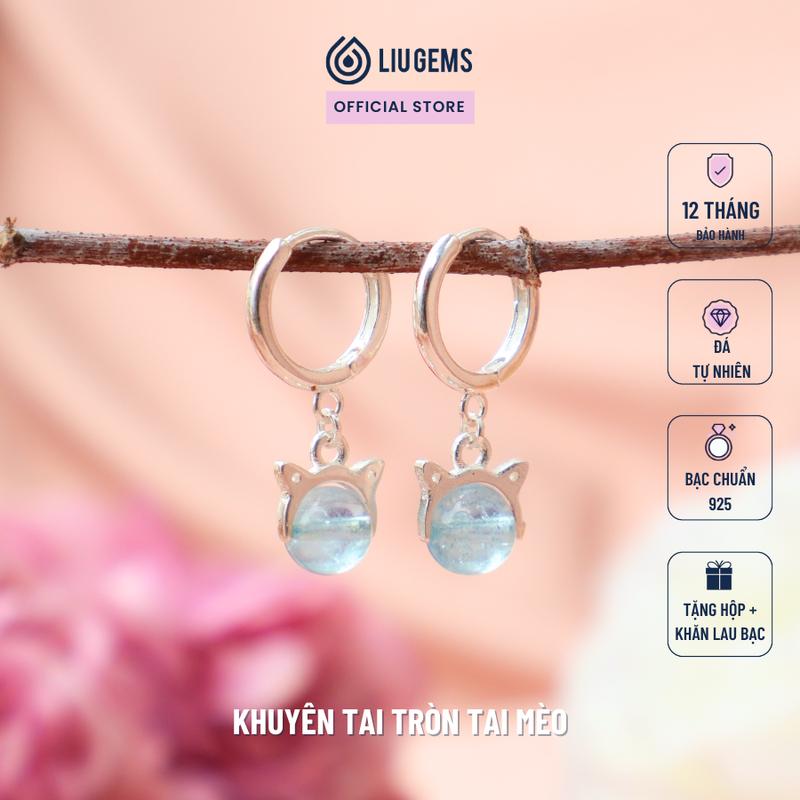Khuyên Tai Tròn Bạc 925 Liugems Charm Tai Mèo Mix Hạt Đá Tròn Tự Nhiên Dễ Thương, Năng Động BT11 (Mua một, tặng một hộp đựng trang sức + một khăn lau bạc miễn phí)