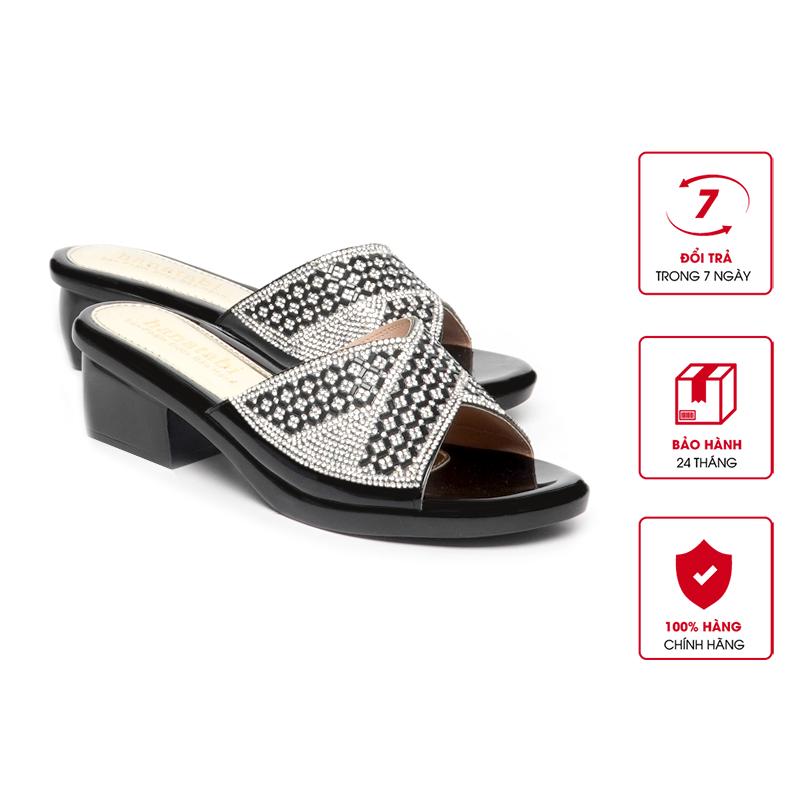 Dép Nữ Đế PU Đen Siêu Nhẹ Cao 5cm Hanatabi Quai Ngang Đính Đá Bigsize (35-42) Mã HNDE5F1110 1