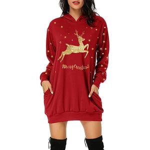 Autumn Winter Christmas Reindeer Snowflake Women's Long Sleeve Hoodie Knee Length Loose Sweatshirt Korean Style Fashionable