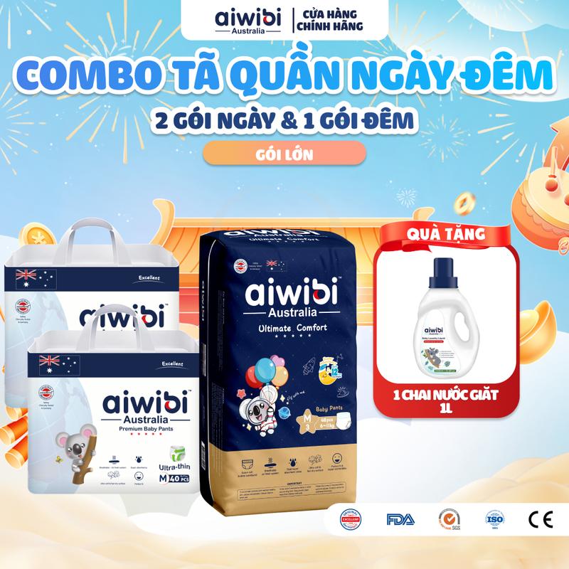Combo Ngày & Đêm Tã Bỉm Quần Cao Cấp Aiwibi Cho Bé Siêu Thấm Hút - 2 Gói Ngày Lớn + 1 Gói Đêm Lớn