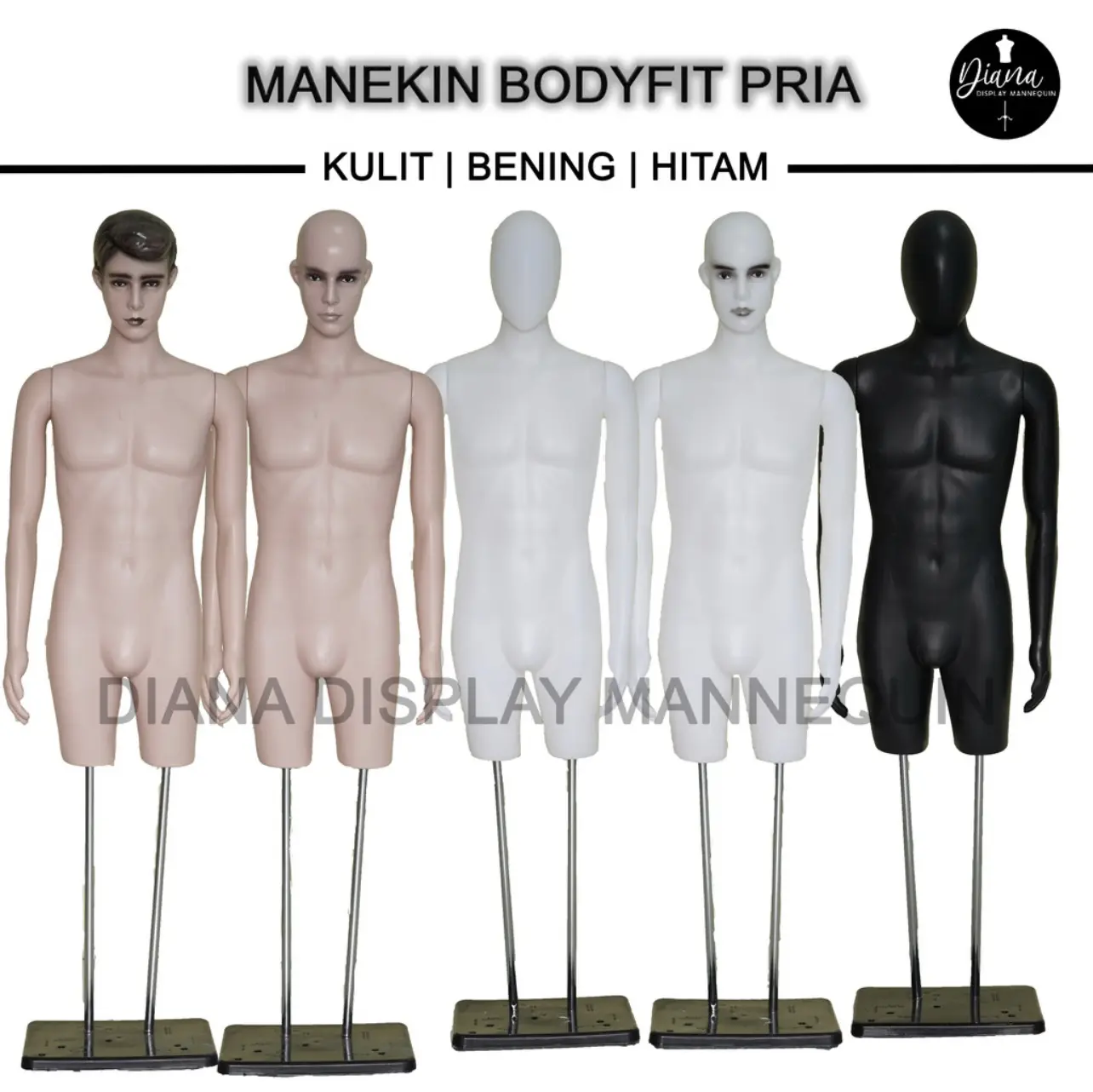 MANEKIN BAJU BODYFIT PRIA DEWASA SETENGAH BADAN DENGAN KEPALA DAN TANGAN PLASTIK SET TIANG BESI