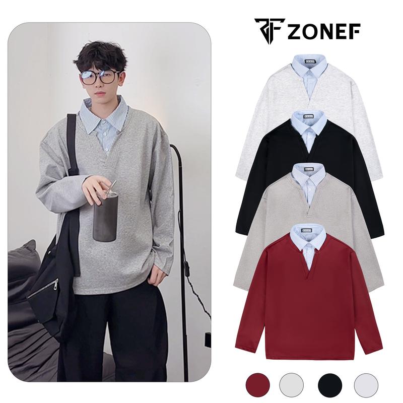 Áo Sweater Dài Tay Ver 2 Phối Cổ Sơ Mi Kẻ Xanh Nhạt . Áo Sweater nỉ 2 da nam nữ oversize Menswear