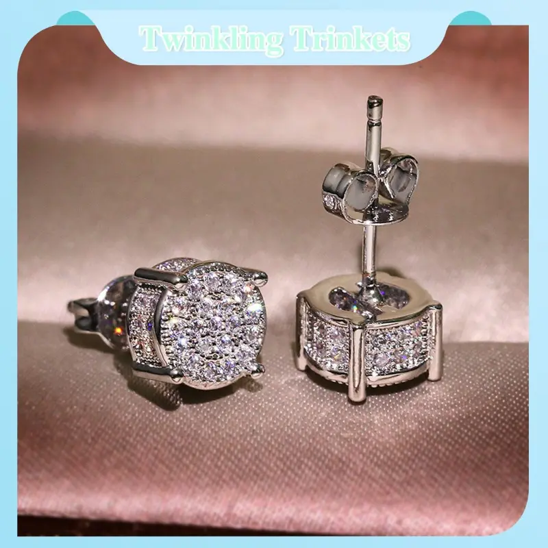 Silver and Gold Round Four Diamond Stud Earrings Simple and Stylish Jewelry for Women
