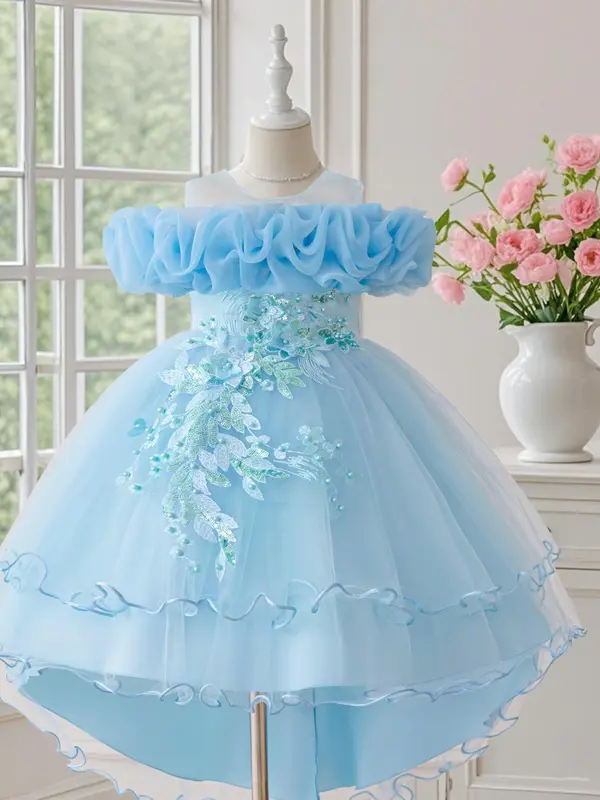 Girl's Sequin Decor Multi-layer Tulle Party Dress, Elegant Flower Design Sleeveless Sweater Dress for Party Performance Wedding Guest, Kids Clothes for Four Seasons, Tutu Princess Dress 2