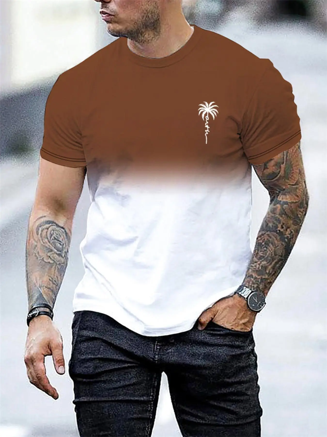Men's Ombre & Palm Tree Print Round Neck Tee, Regular Fit Casual Short Sleeve Crew Neck T-Shirt for Summer, Fashion Men's Top for Daily Wear