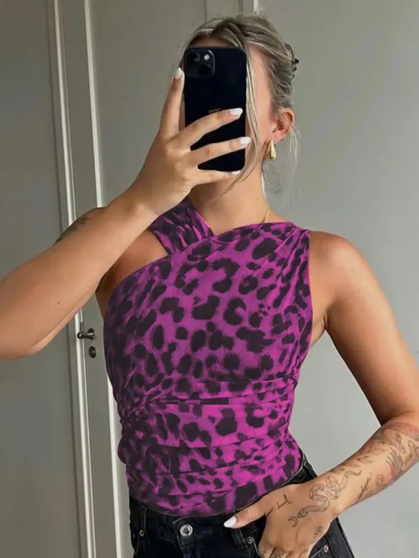 Women's Leopard Print Asymmetrical Neck Ruched Mesh Bodysuit, Fashion Casual Sleeveless Fit Bodysuit for Summer, Jumpsuit for Women, Ladies Clothes for Holiday Party Club, Nyc Clothing, Womenswear, Clothes for Women, Tops 6