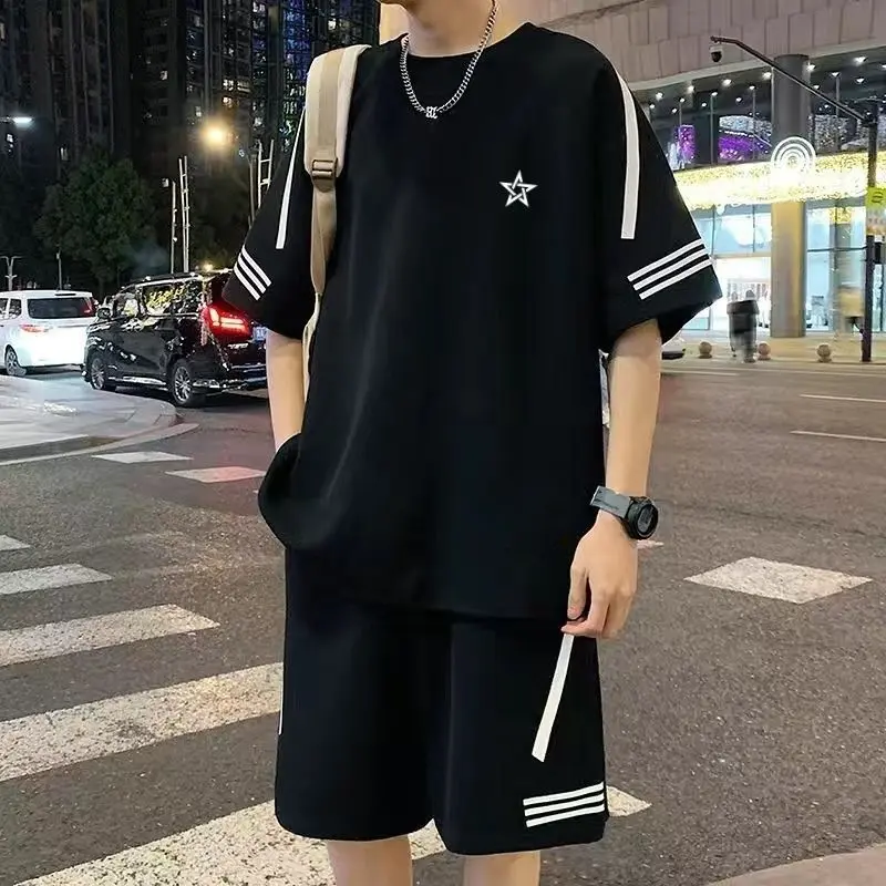Plus-Sized plus-Sized Fat Man Sports Suit Men's Summer Loose Short Sleeves T-shirt Casual Shorts with Handsome Set