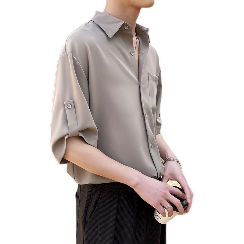 Product Introduction of Summer Ice Silk Thin Shirt Men's Short Sleeve Korean Style Trendy Five-Quarter Sleeve Shirt Mature Style Cool Men's Top Closed 26