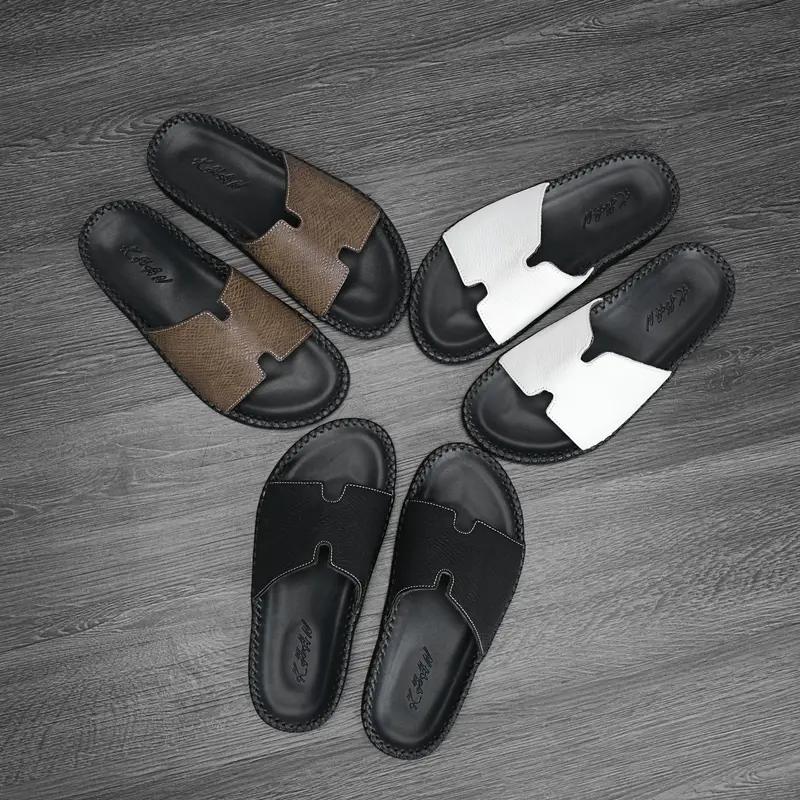 DéP Nam Da Bò Quai Chữ H ĐốcTờ 2 Lỗ Đế Bằng,Đế Cao Su Đúc,Đã Khâu May,Z03