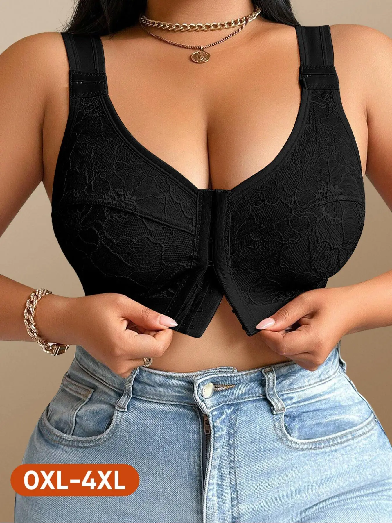 Plus Size Women's Solid Color Front-Closure Wireless Push Up Bra, Casual Comfortable Breathable Adjustable Shoulder Strap Full Coverage Bra for Daily Wear, Women's Plus Size Lingerie for All Seasons