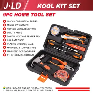 JLD Toolkit Set 9pcs Alat Pertukangan Palu handtool box Perkakas Tukang Lengkap Tang Obeng/meteran/Cutter/Tespen