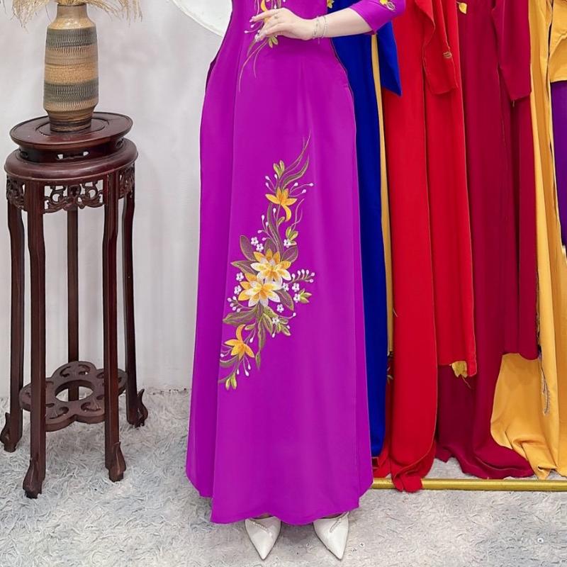 Set Áo Dài Vải Lụa Mỹ Màu Tím Cẩm Thêu Truyền Thống Nữ Tim Women xxl trang phục truyền thống Kem Dress Kim Tuyến 3