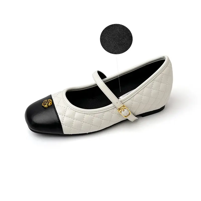 Women's square-toe Mary Jane flats with a camellia diamond pattern