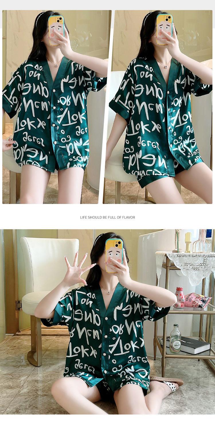 Product Introduction of Women's Pajamas 2022 New Summer Thin Ice Silk Cardigan Camellia Set Short Sleeve Cartoon Princess Style Loungewear 7