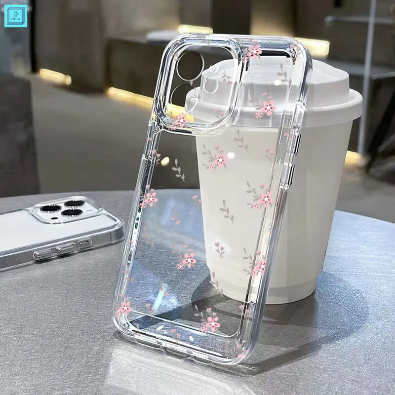 CASE SPACE BENING Softcase HP iPhone 11 12 13 14 PRO PROMAX XR  X XS XSMAX Iphone 7 8 SE2020 7plus 8plus 15promax Transparent High Quality INS-styleSmall Pink flowers for iCasing Ponsel 0