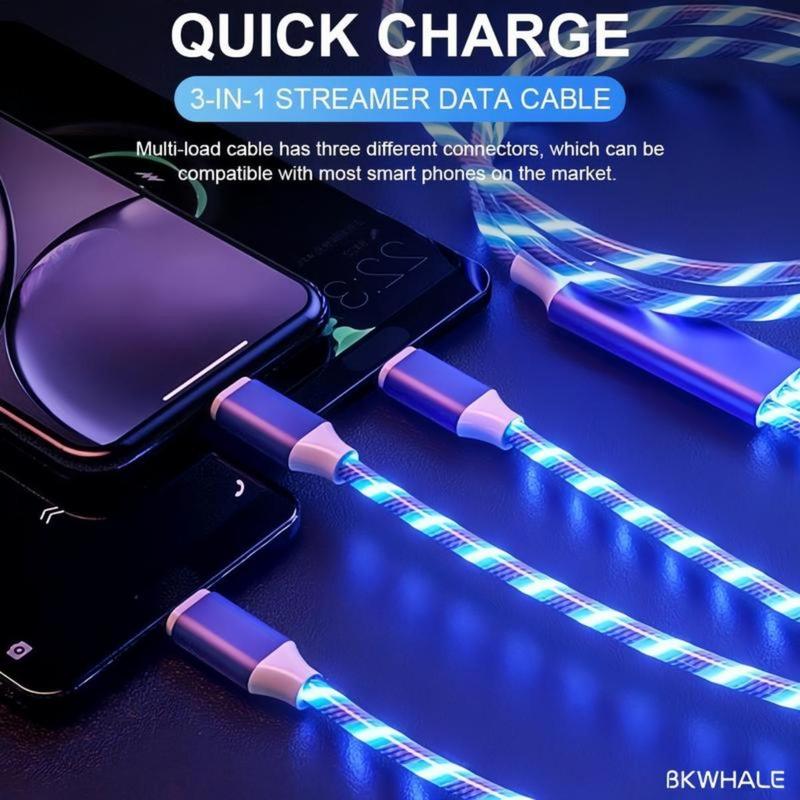 Cáp sạc di động, 3 IN 1, Cáp USB LED, Streamer đầy màu sắc, Cáp Type C và Micro, Sạc nhanh, Dòng dữ liệu 3