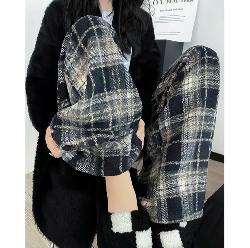 [Lót Nỉ] Quần Dạ Kẻ Caro Lót Nỉ, Ống Rộng, Dáng Suông Tahie Store của Nữ quần  caro nâu quần  nỉ lông quầnnỉ thụng bông dài 3