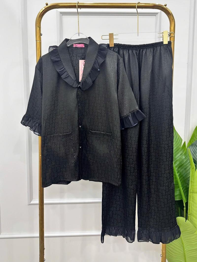 Product Introduction of (Freesize 45-60kg) Bộ ngủ nữ chất gấm vân chìm phối voan tiểu thư màu đen do macnha Women Pajamas & Loungewear Kem Nhung Áo 10