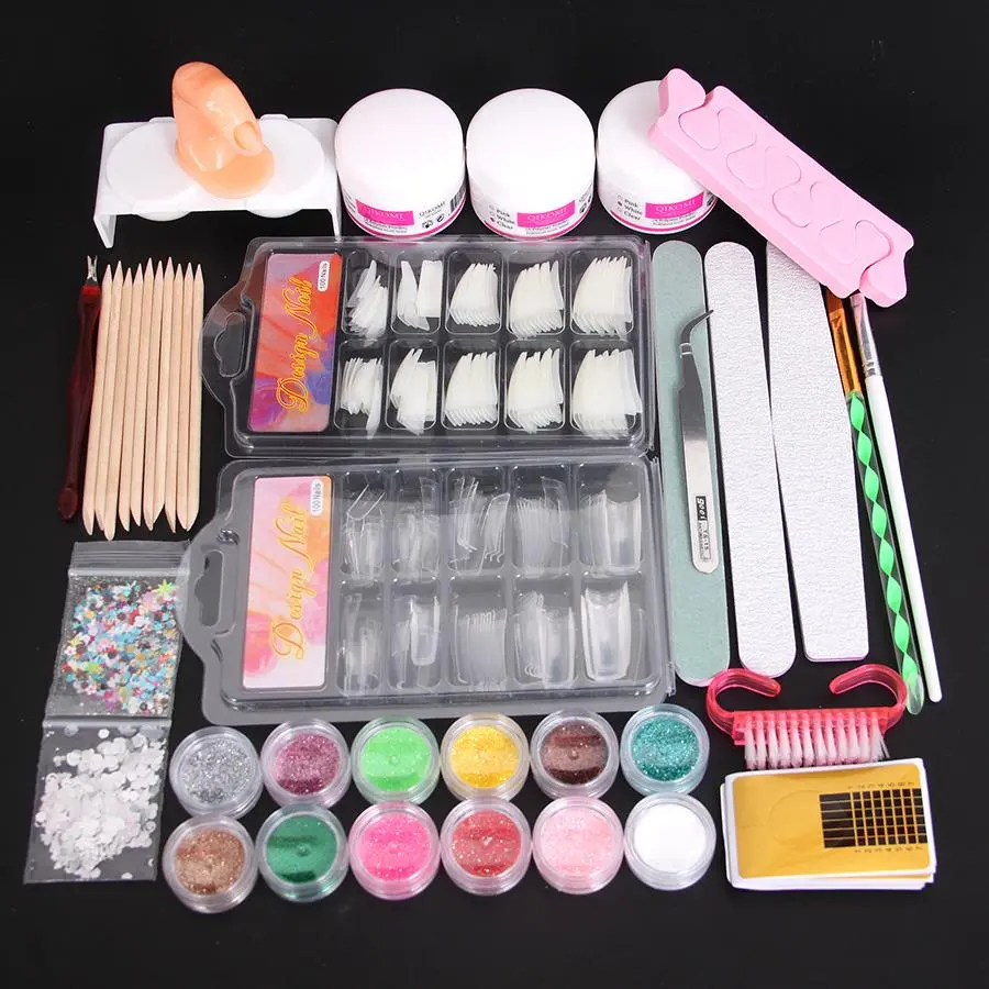 Nail Art Kit for Beginners, 12 Color Glitters & Decoration & Fake Nail Tip & Brush & Practice Fake Finger, Extension Tools Supplies, DIY Home Manicure Set