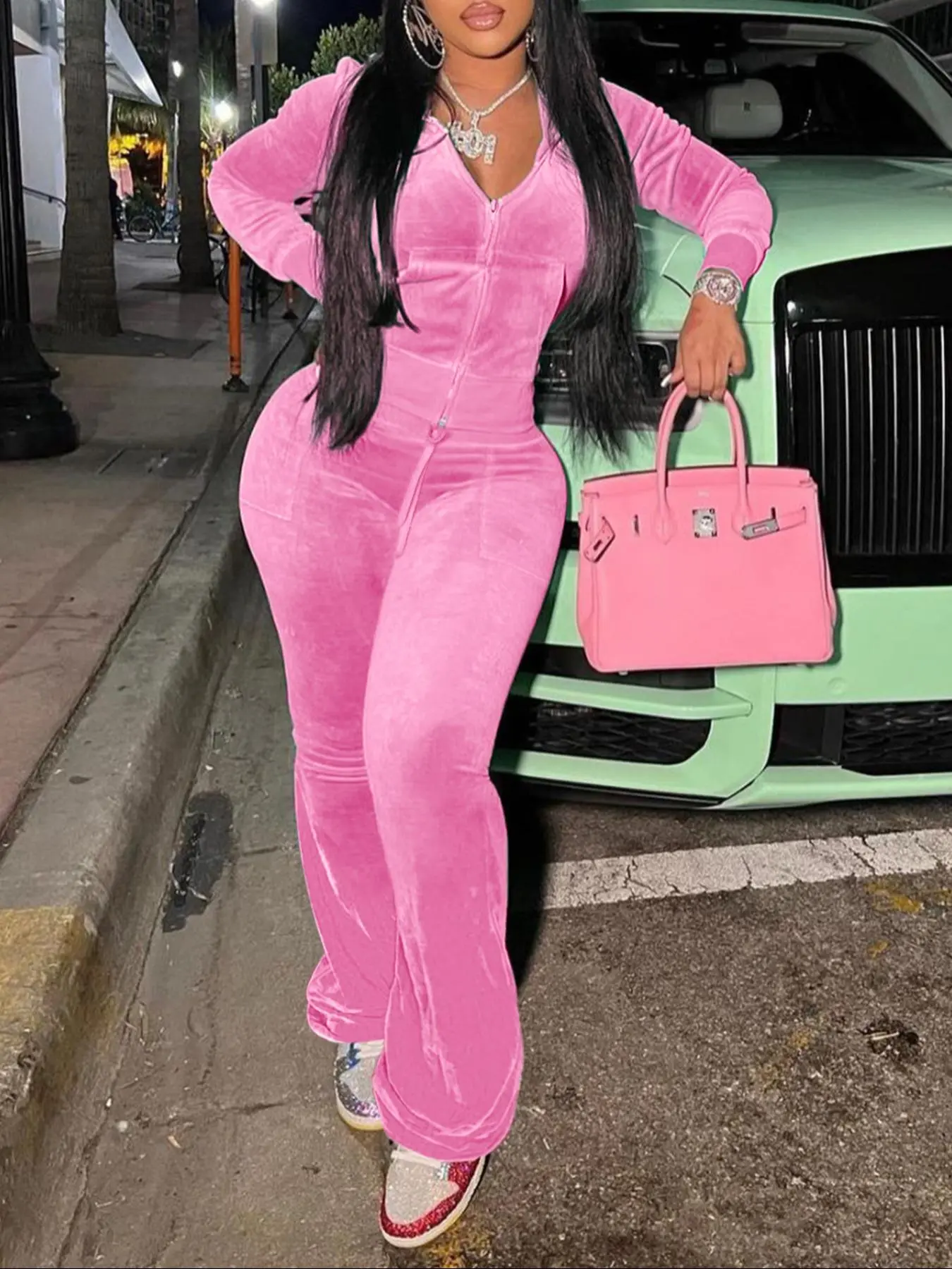 Women's Plain Zip Up Hooded Jacket & Tie Front Pants Velvet Two-Piece Set, Casual Long Sleeve Pocket Outerwear & Trousers for Fall & Winter, Women's Clothes for Daily Wear