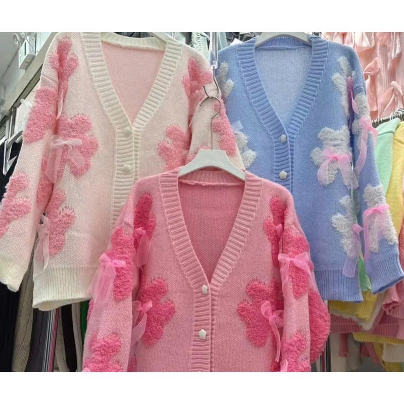 XẢ KHO NGHỈ BÁN Áo len kiểu nữ chất dệt kim khoác cardigan họa tiết gấu nơ form rộng dài tay 3 màu thu đông Hàn Quốc Kozoda AL418 Women Top