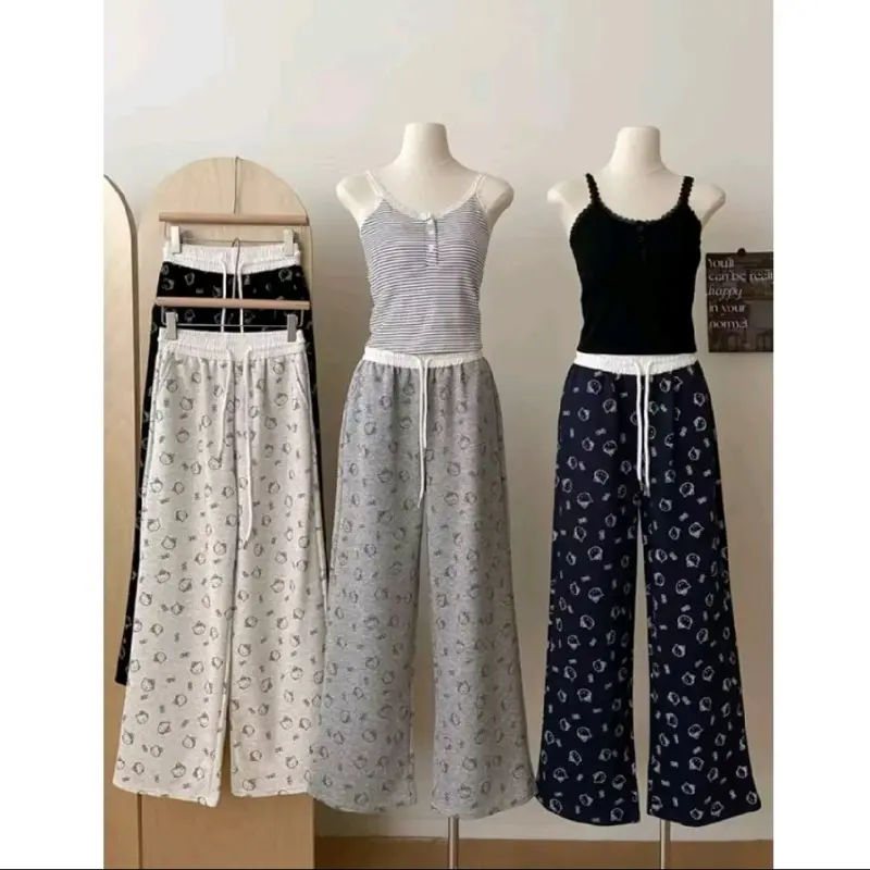 Quần ống suông họa tiết mèo hello kitty mặc nhà quần  dài  nữ quần  suông  nấm  lùn 5
