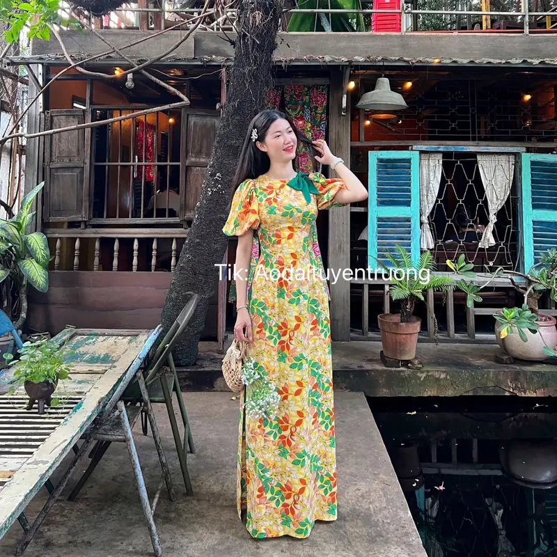 Bộ áo dài hoa lá đính nơ 2 màu 4
