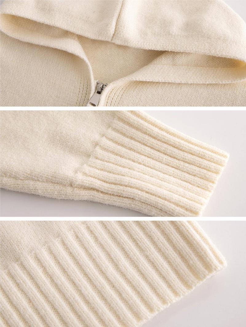 Product Introduction of Women's Solid Textured Zip Up Thermal Lined Hooded Cardigans, Casual Pullover for Fall & Winter, Women's Knit Clothing for Daily Wear 7