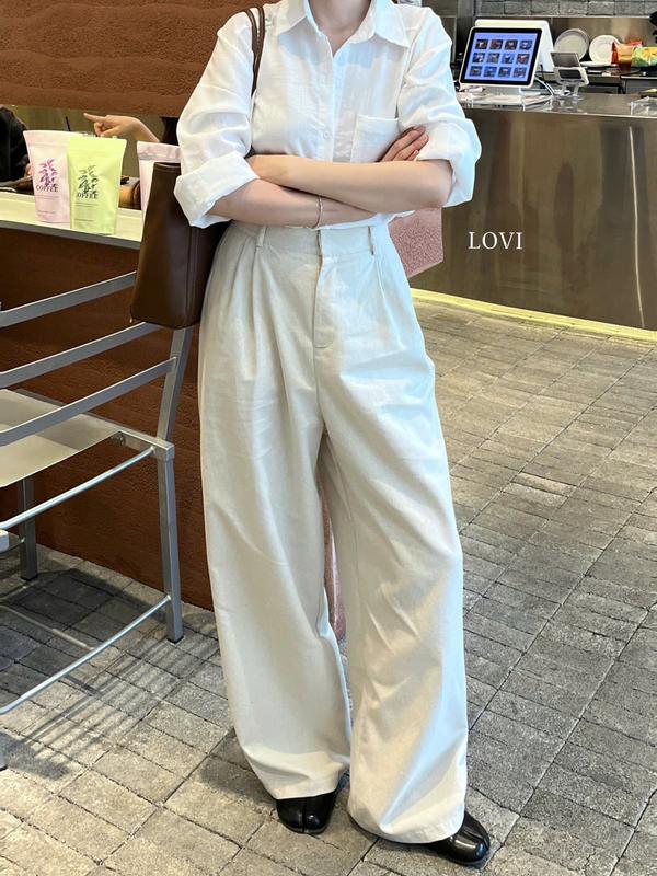 QUẦN ỐNG RỘNG LINEN NÚT GÀI ĐÁY DÀI SIÊUU HACK DÁNG NHÀ LOVI PHONG CÁCH HÀN Nữ Women Pants