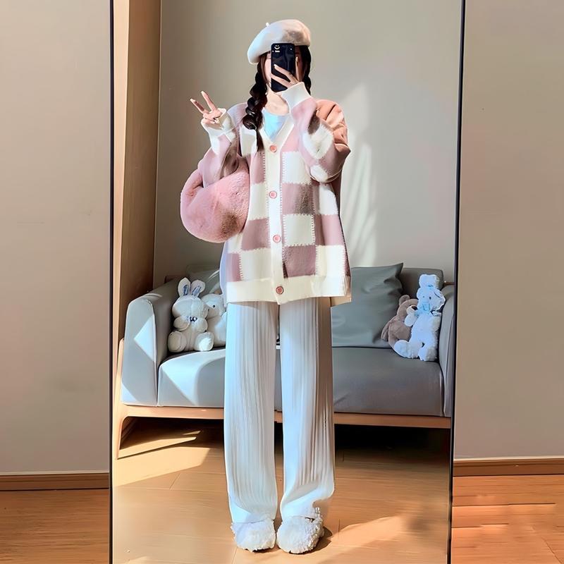 Sét Đồ Áo Khoác Cardigan Nỉ Caro Hồng + Quần Ống Suông Chất Nỉ Tăm