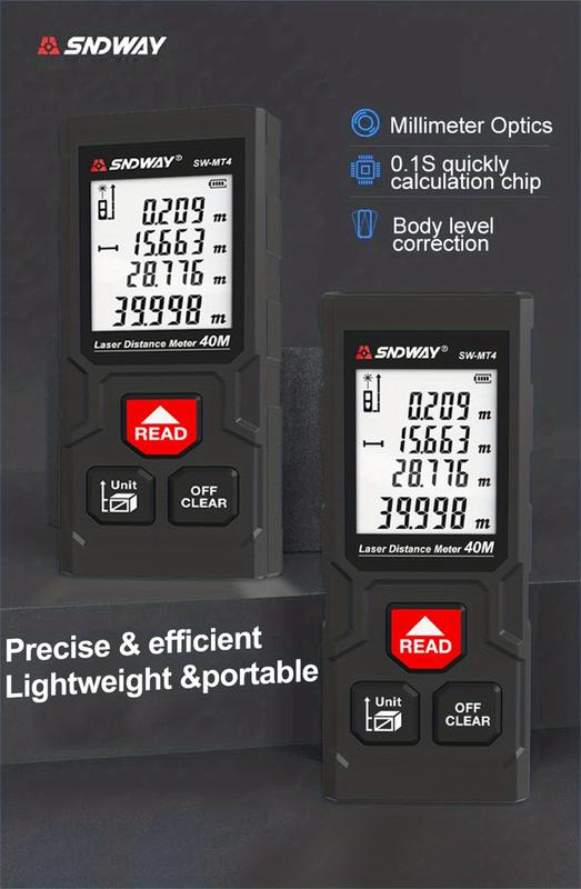 Product Introduction of 40M/131ft SNDWAY Pro Laser Distance Meter - High-Accuracy Digital Measure Tool with Large Backlit Display, Self-Calibration, and Battery Powered Operation - Portable Handle Electronic Ruler for Easy Measurements 13