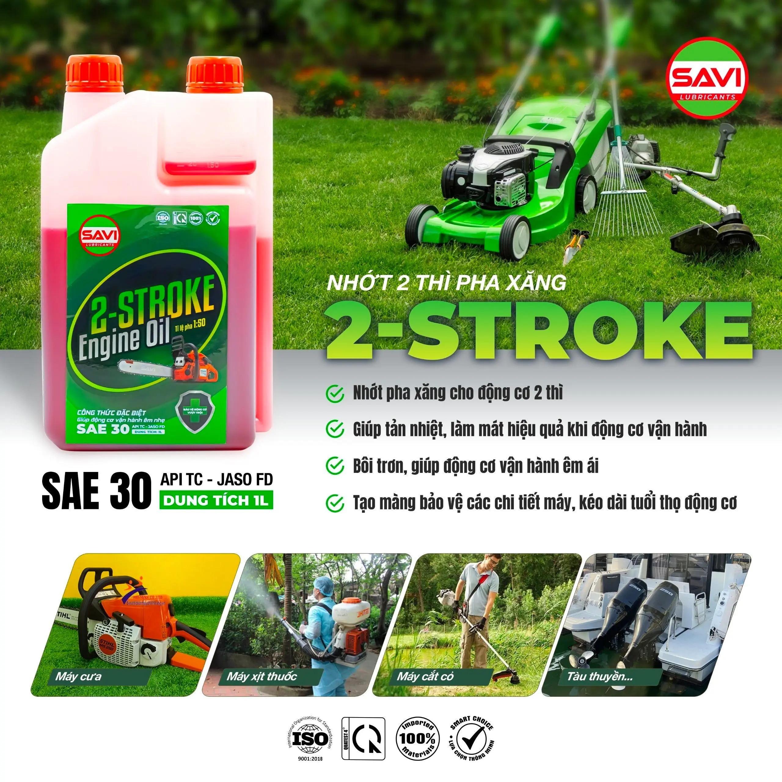 Nhớt 2 Thì Pha Xăng Màu Đỏ SAVI 2T Cho Máy Cắt Cỏ, Máy Cưa, Máy Nổ, Thổi Lá, Xe 2 Thì, Ca nô