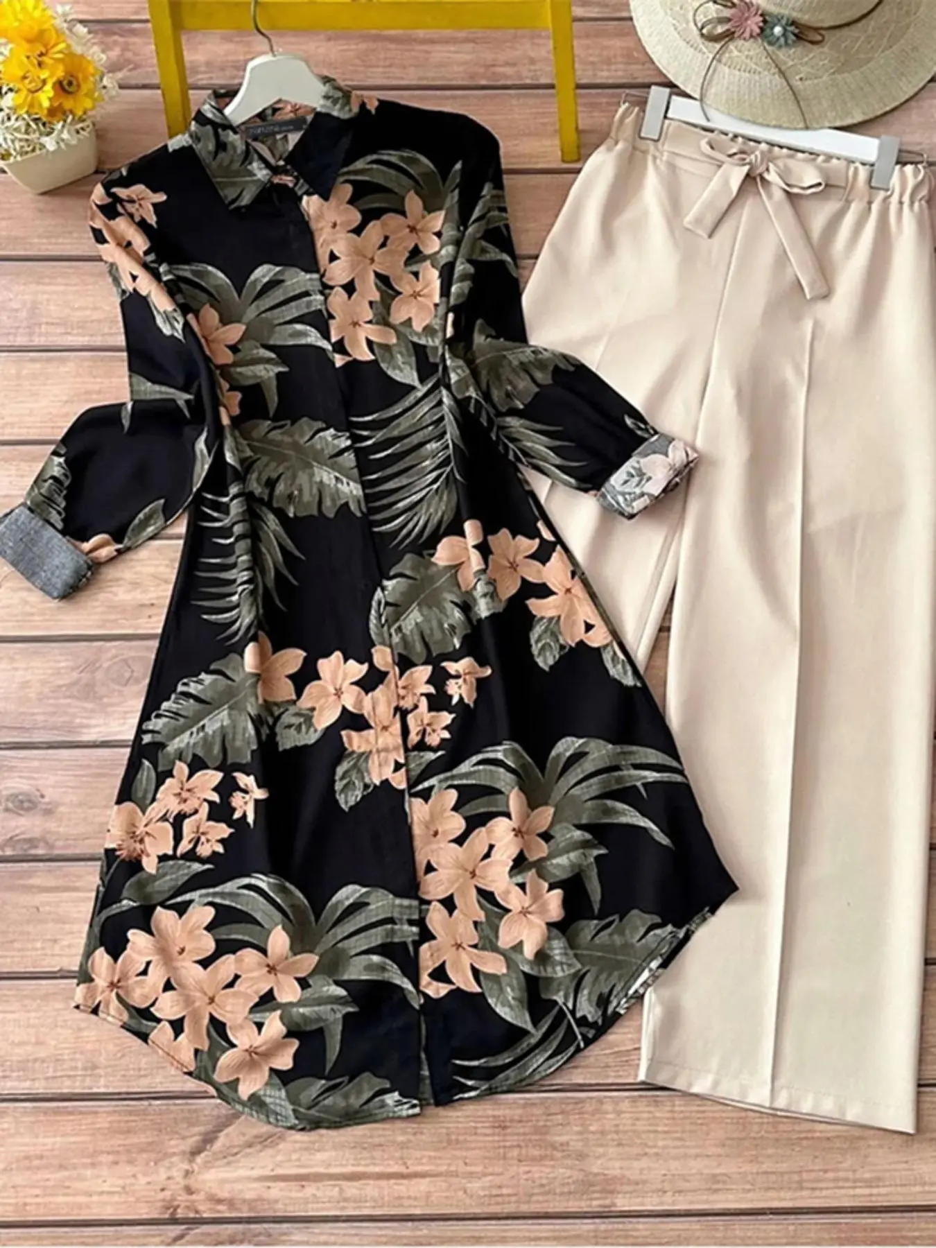 Women's Floral Print Long Sleeve Top & Straight Leg Pants Two-piece Set, Casual Fashion Cozy Top & Wide Leg Trousers for Daily Outdoor Wear, Co-ords Set, Chic Women's Clothing for Spring & Fall, Bohemian Womenswear