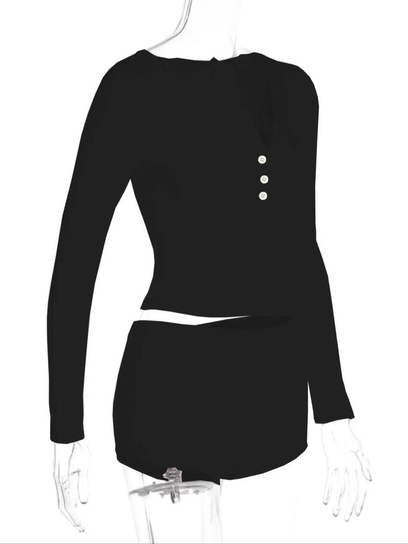 Product Introduction of Women's Solid Button Front Crop Tee & Elastic Waist Shorts Set, Casual Long Sleeve V Neck Top & Shorts Two Piece Set For Daily Wear, Ladies Clothes For All Seasons 8