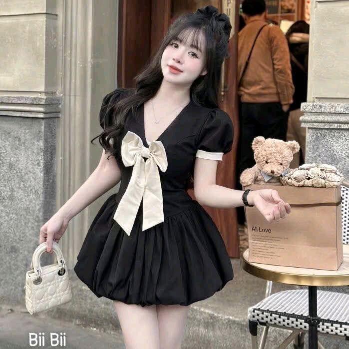 Đầm tiểu thư bí phồng đính nơ màu kem, đen, xám đầm bánh bèo nhẹ nhàng đi chơi, đi tiệc Women Dress Kem đầm đi dự đám tiệc Top đầm đẹp Voi váyngắn