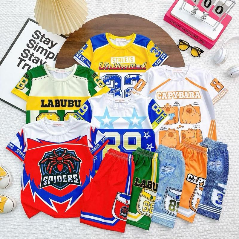 (11-42kg) Đồ bộ mặc nhà bé trai thun lạnh 3D quần đùi giả jean áo ngắn tay họa tiết hoạt hình đẹp, Labubu, Capybara, ôtô, siêu nhân nhện cho bé. M2