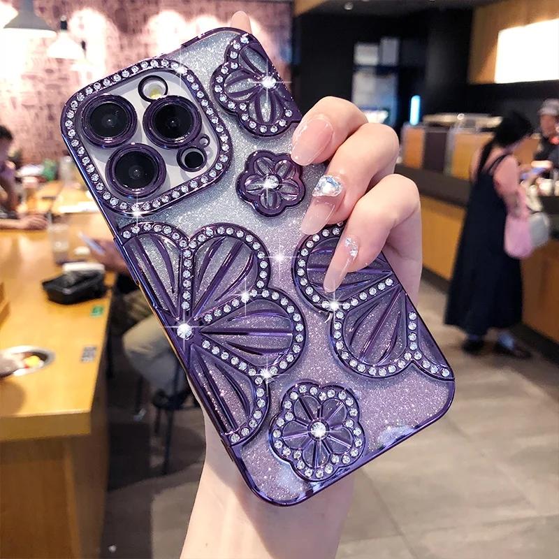 Product Introduction of Luxury Glitter 3D Diamond Flower Phone Case For iPhone 16 15 14 13 12 11 Pro Max Plus Gradient Shockproof Electroplated Cover 5