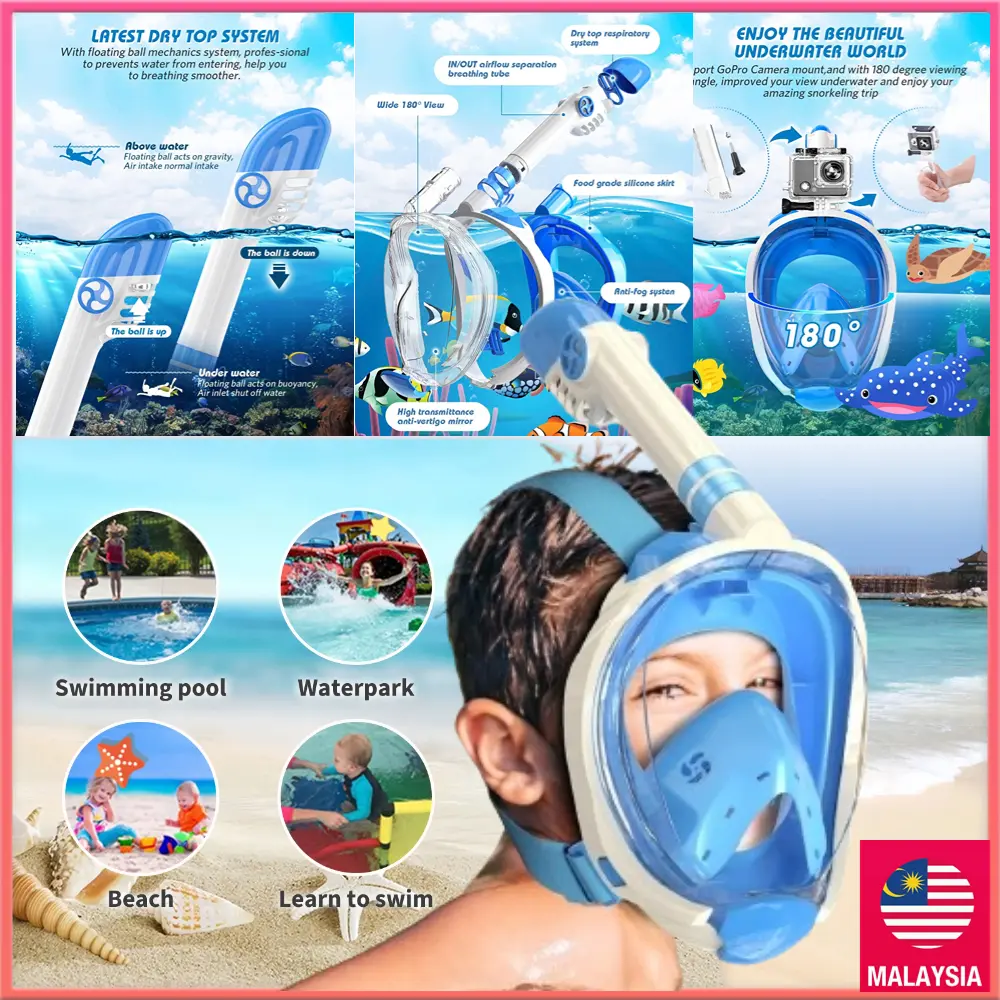 Topeng Menyelam, Stok Malaysia, Snorkel, Penuh Kering, Untuk Dewasa dan Kanak-kanak, Topeng Snorkeling, Set Bantu Renang, Termasuk Peralatan