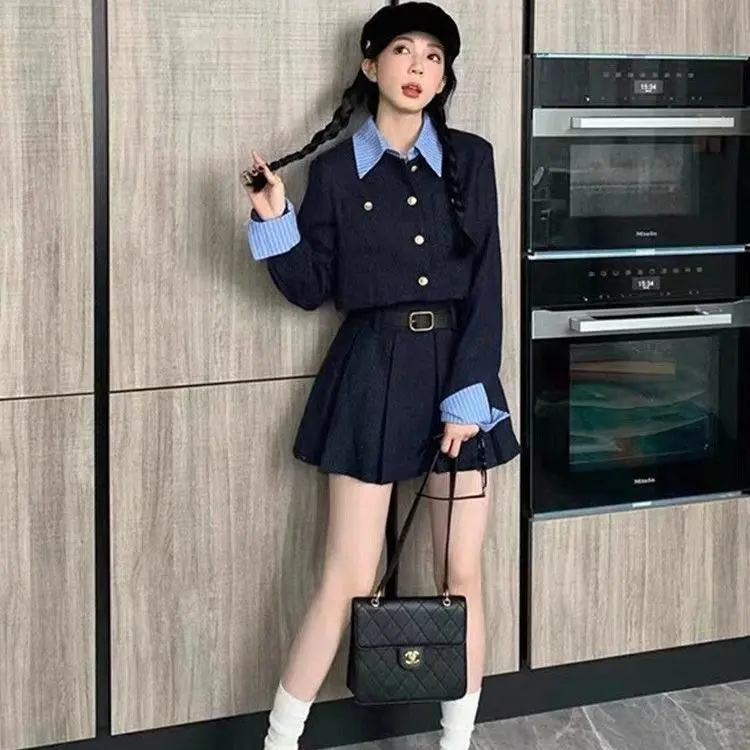 [Tặng Kèm Đai]: Set Váy Dạ 3 Món Áo Dạ Phối Cổ Sơ Mi 2 Lớp Có Đệm Vai+Chân Váy Xếp Ly Có Quần Váy FUMI
